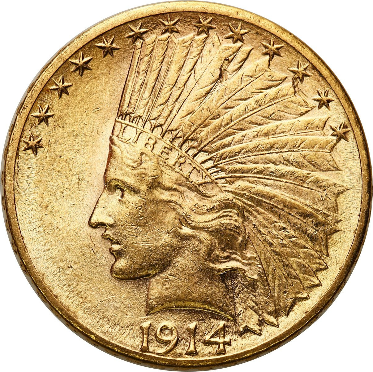 USA. Złote 10 dolarów 1914 D - Denver, Indianin